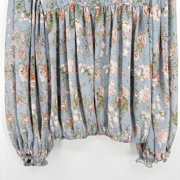 Altar'd State Blue Floral Long Balloon Sleeve Top, Sz Small, Boho Shabby Chic - Picture 3 of 11